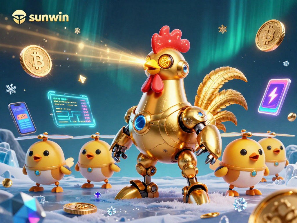 Experience sunwin’s vibrant casino scene with a golden rooster robot and crypto elements.