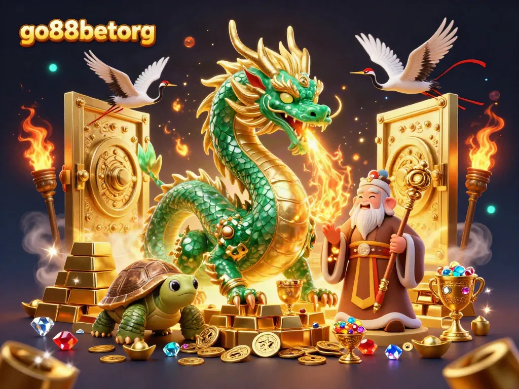 Engage with go88betorg's vibrant fantasy world featuring a dragon, turtle, and cranes amidst treasures.