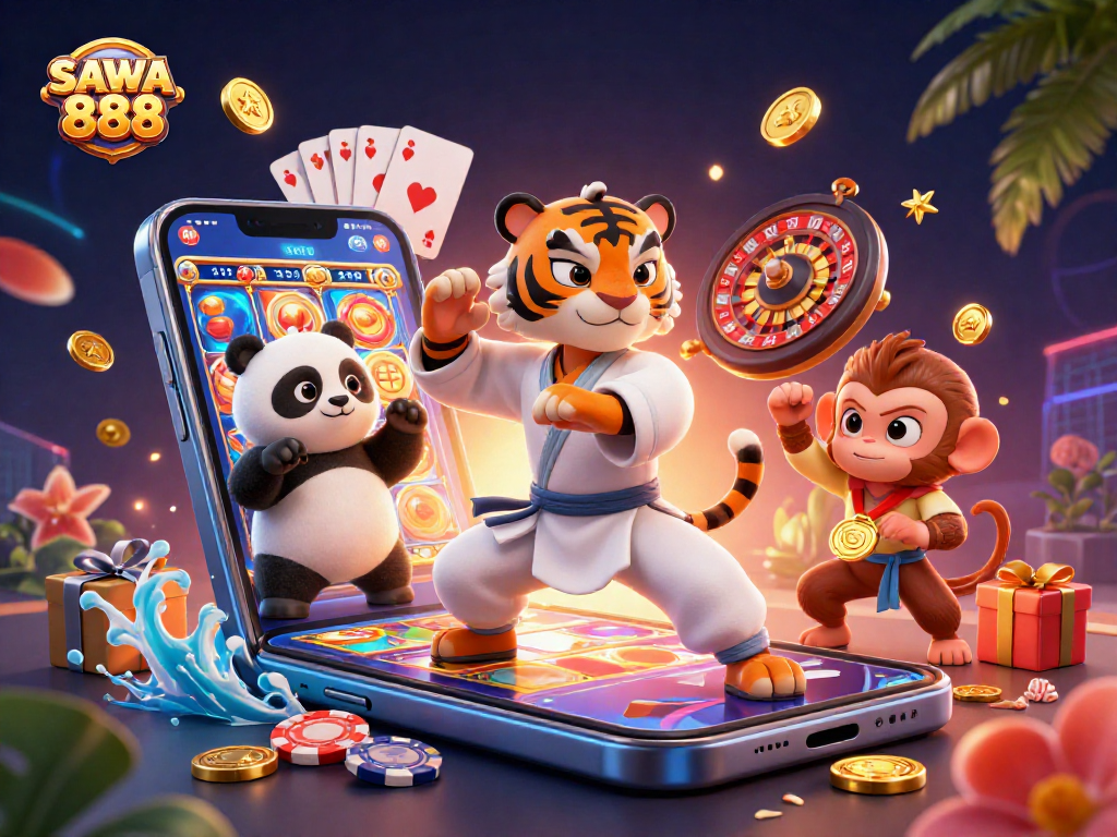 Experience fun and excitement at SAWA 888 with a unique slot game featuring colorful reels and dynamic characters.