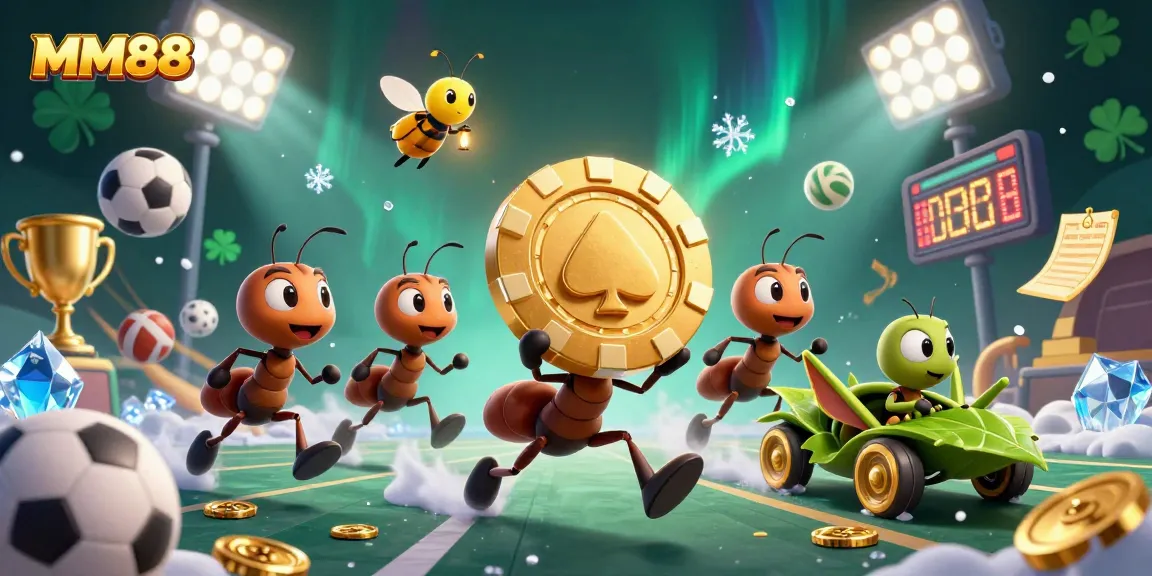 Experience the thrill of MM88 with cartoon ants heisting a giant poker chip in this vibrant casino scene.