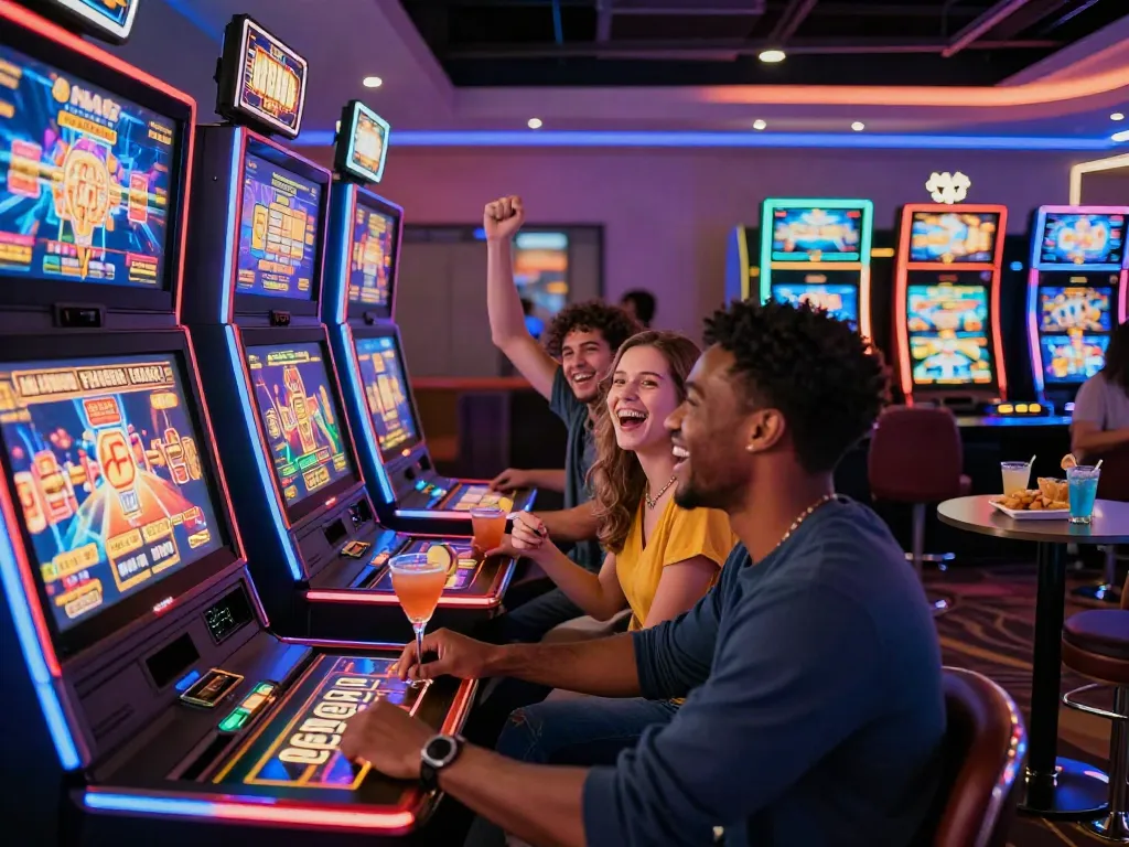 Exciting scene of friends enjoying new casinos not on gamstop with modern slot machines and vibrant atmosphere.