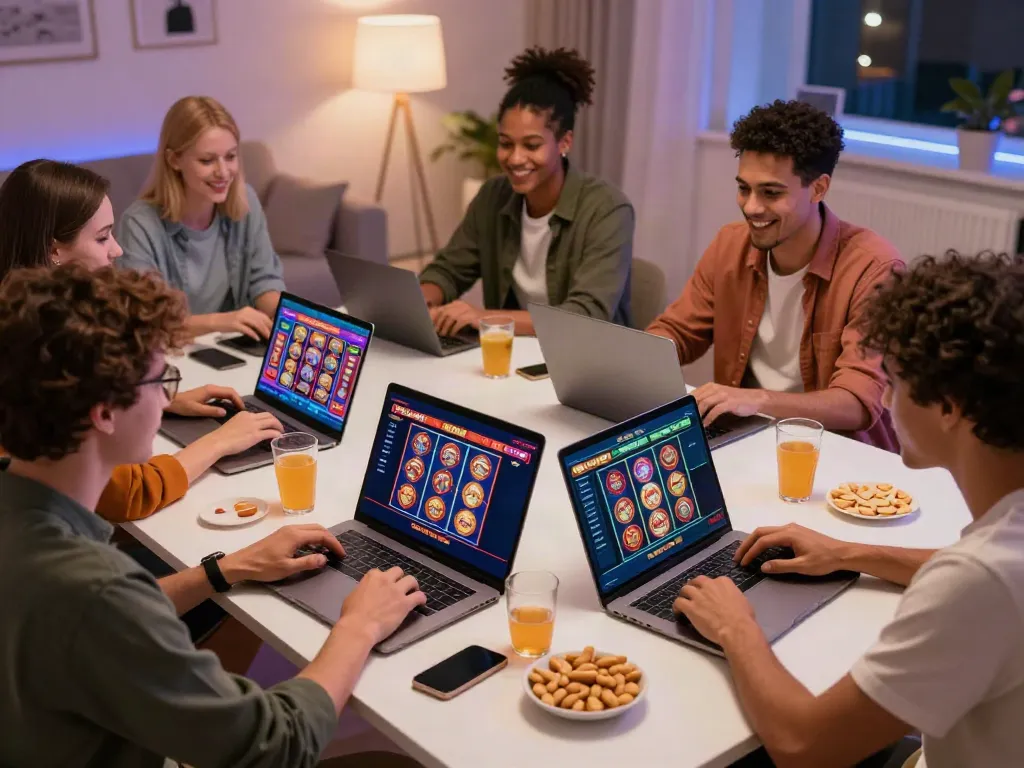 Friends exploring new casinos not on Gamstop while enjoying snacks and drinks.