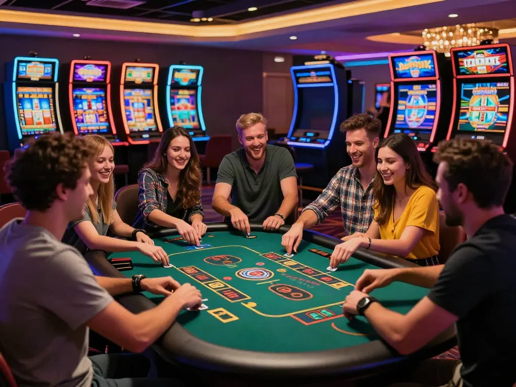 Friends enjoying their time at new casinos not on GamStop with live dealer games and vibrant gaming atmosphere.