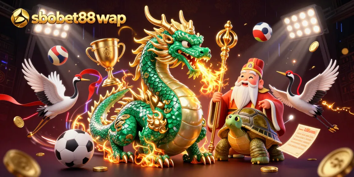 Place bets on sbobet88 wap with a dynamic illustration of a jade dragon and sports elements.