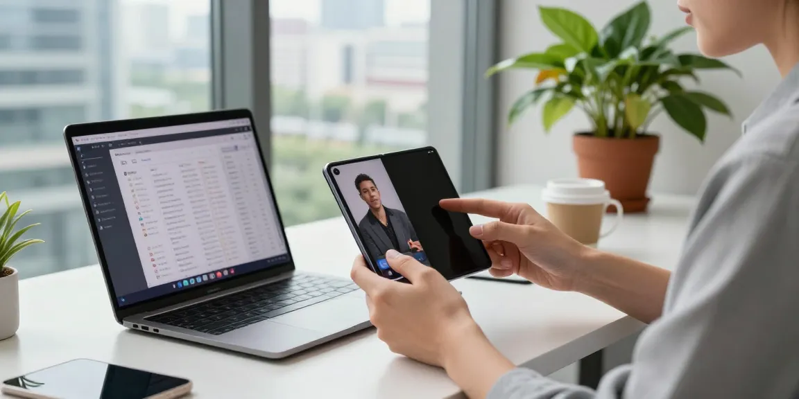 Individual using foldable phones 2026 in a modern office environment, showcasing multitasking capabilities.