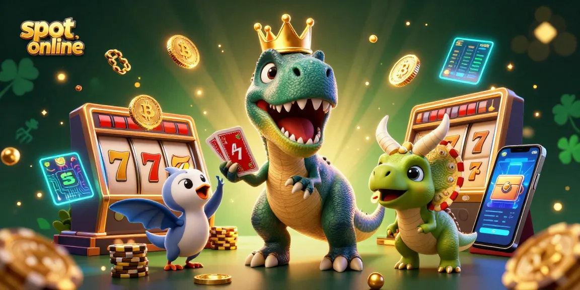 Engage with exciting slot online adventures featuring a T-Rex and friends in a dynamic casino scene.