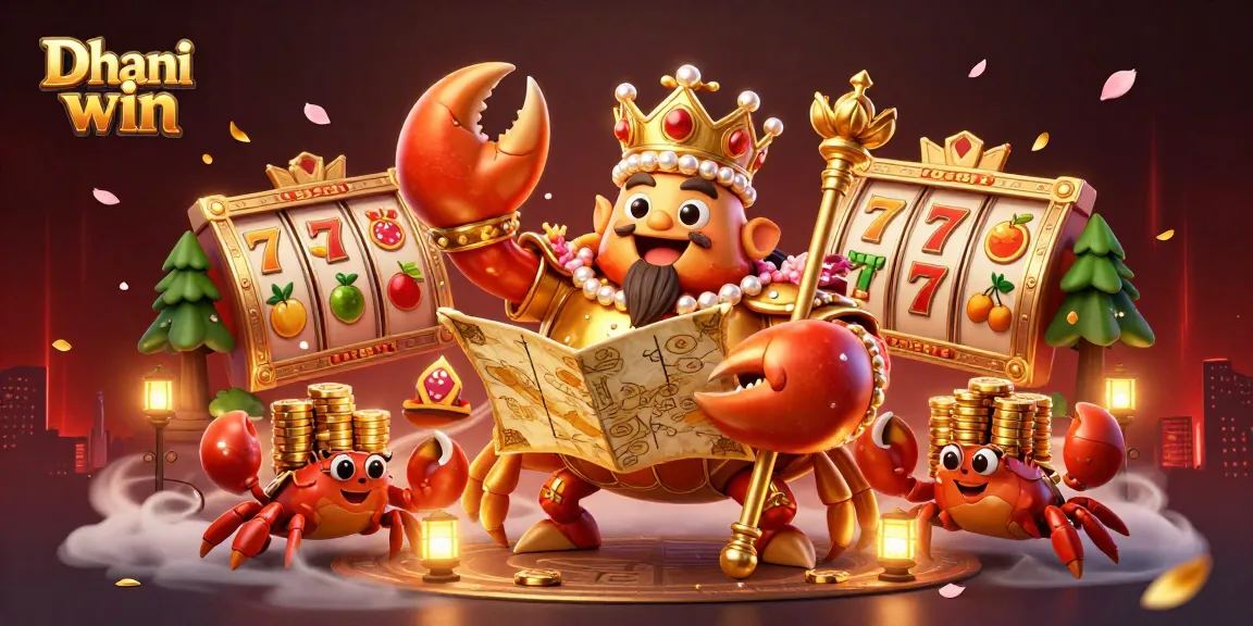 Dive into Dhani win's exciting gaming experience featuring a golden crab emperor with treasures and slot games.