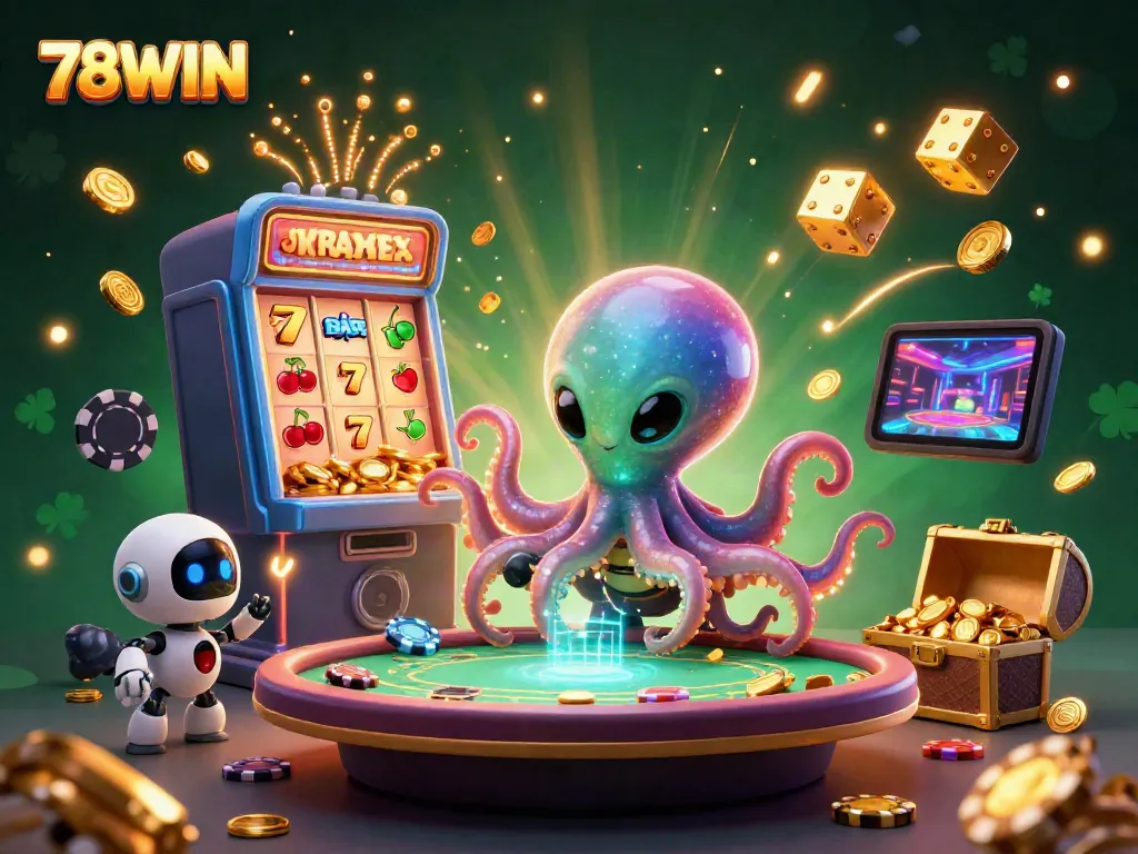 Experience the thrill of 78WIN with an alien octopus and robot at a holographic poker table bursting with action!