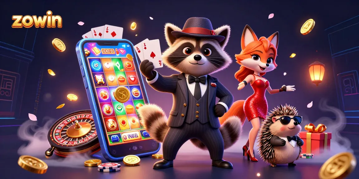 Zowin showcases exciting gaming action with a suave raccoon, stunning fox, and a bouncer in a vibrant casino-themed illustration.