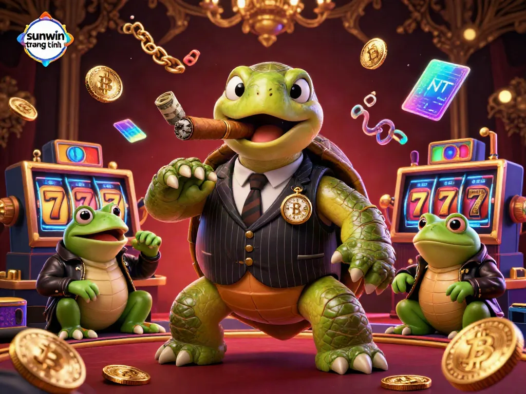 Engage in thrilling experiences at sunwin trang chính, where a vibrant gaming scene features a massive turtle and bullfrog enforcers amidst illuminated casino elements.