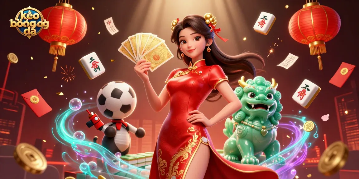 Engage with kèo bóng đá, featuring a woman in a qipao dress, a guardian lion, and dynamic gambling elements.