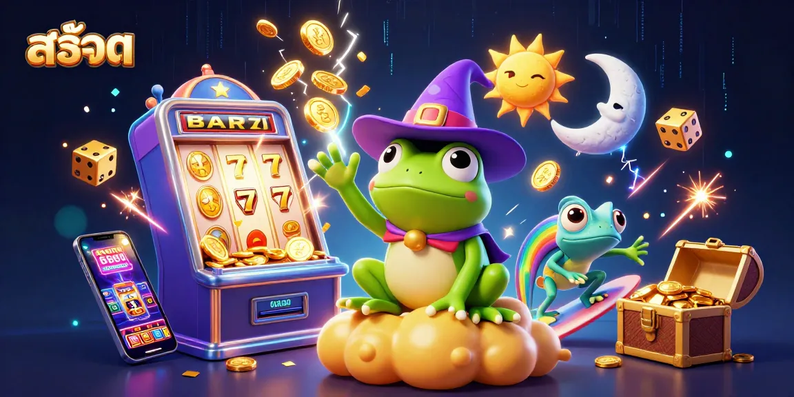 Engage in exciting สล็อต gameplay with a vibrant scene of a wizard frog and chameleon amidst golden coins.
