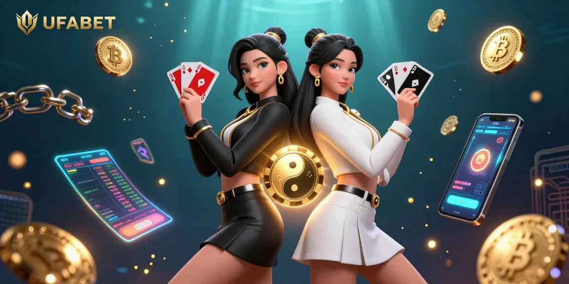 Engage in thrilling gaming at UFABET with stunning twin Asian women holding playing cards amid vibrant casino elements.