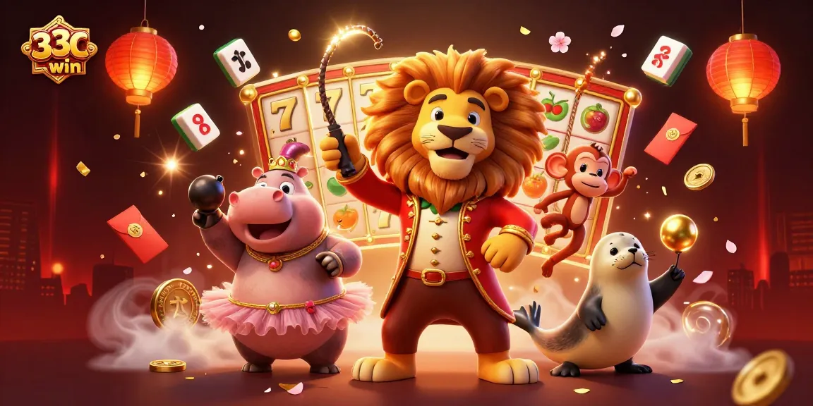 Join the action with 33win as circus characters celebrate exciting jackpots and casino fun.