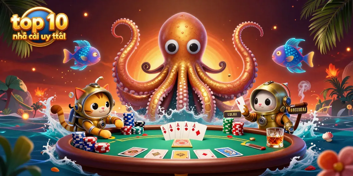 Experience top 10 nhà cái uy tín with a dynamic poker scene featuring a kraken and diving cat.