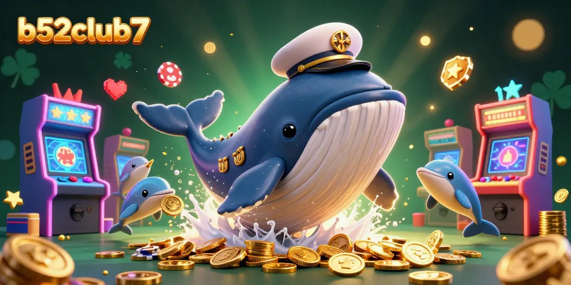 Win big at b52club7 with a dazzling 3D whale and dolphins highlighting casino games and rewards.