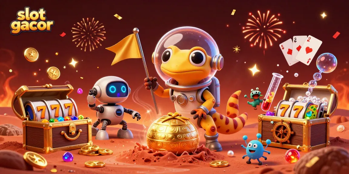 Experience slot gacor in a vibrant 3D scene with Martian gecko, gold coins, and dynamic casino elements.