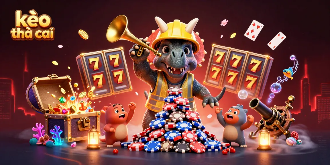 Experience the excitement of kèo nhà cái as a triceratops builds a poker chip pyramid in a vibrant casino scene.