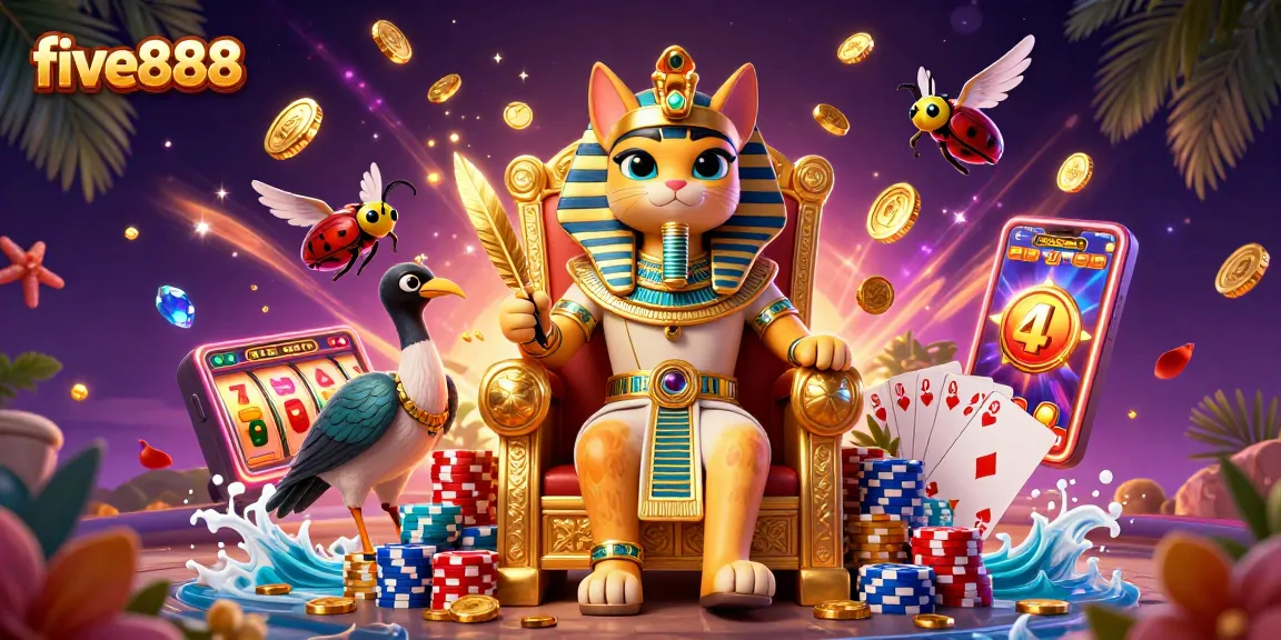 Experience thrilling gameplay with five888, featuring a lively 3D casino scene complete with a royal cat and dynamic slot machines.