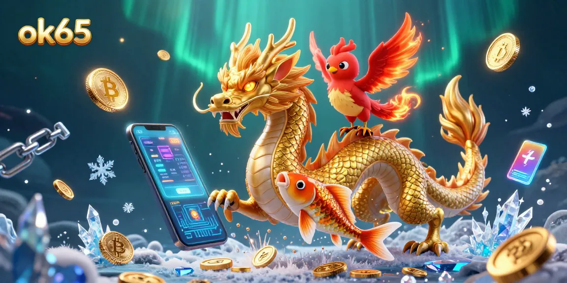 Join the ok65 dragon in a vibrant casino adventure filled with coins and crypto elements.
