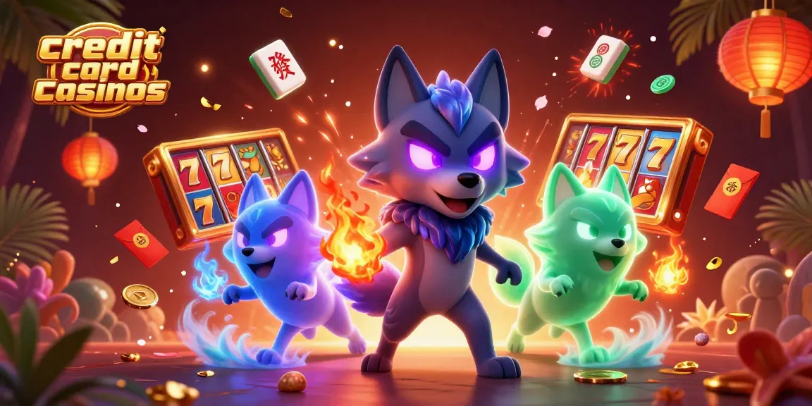 Experience thrilling credit card casinos with dynamic slot reels and ghostly wolves in a vibrant scene.