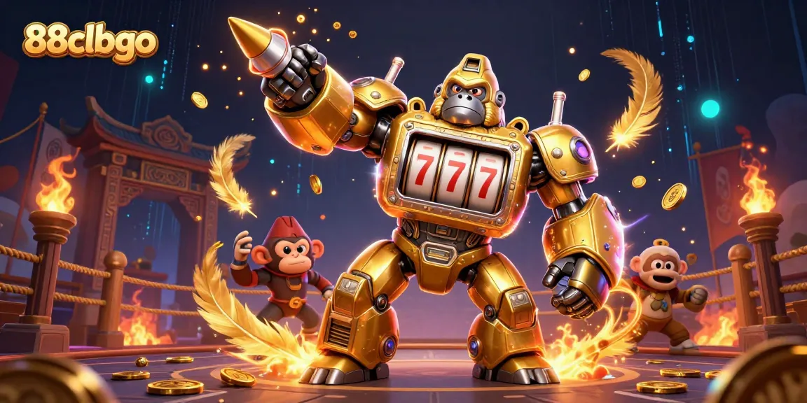 Experience thrilling action at 88clbgo with a dynamic scene featuring a slot-themed golden gorilla mech!