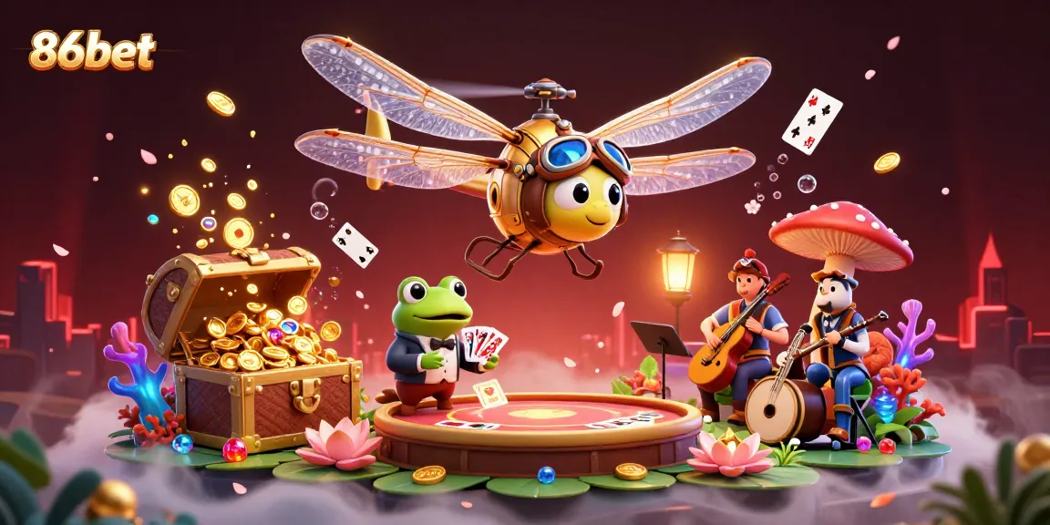 Experience winning strategies at 86bet with a lively casino scene featuring a dragonfly pilot and frog croupier.
