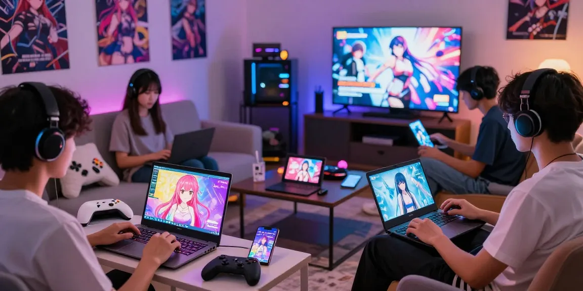 Gamers enjoying interactive gameplay as they play hentai games in a cozy living room.