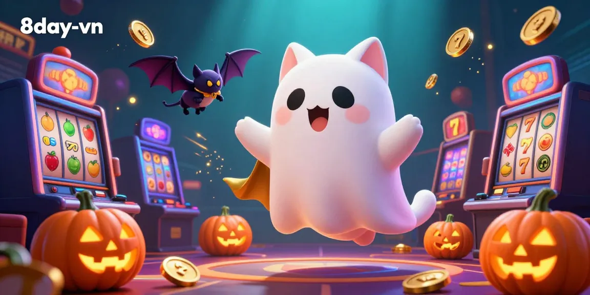 Engage with 8day-vn's vibrant casino atmosphere featuring a ghost cat and vampire bat in an exciting online gambling scene.