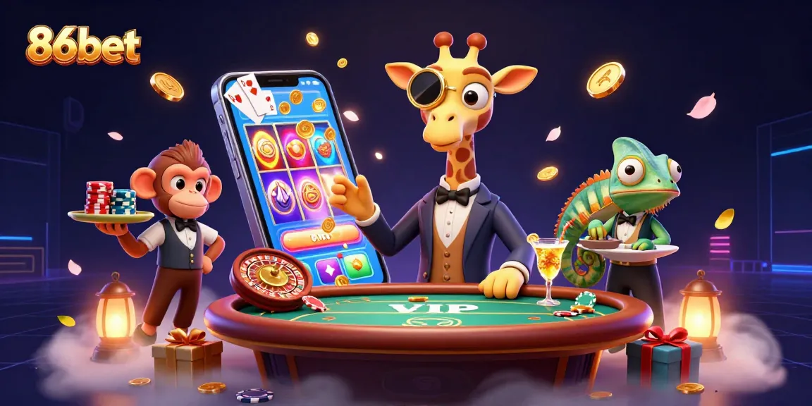 Experience thrilling moments at 86bet with a vibrant casino scene featuring characters and gaming elements.