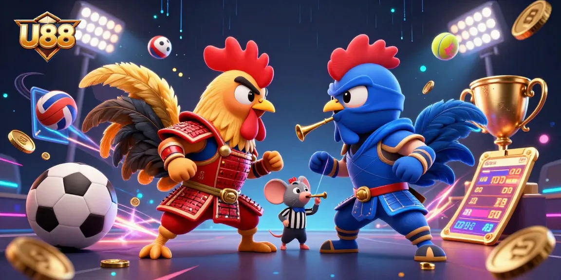 U88 showcases engaging casino excitement with fighting roosters and dynamic sports elements.