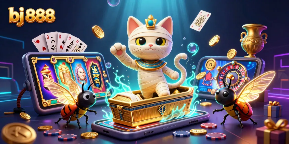 Immerse in the vibrant casino world with bj 888 featuring a mummy cat and glowing scarab.