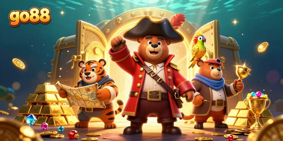 Experience the excitement of go88, with treasure-filled adventures featuring a pirate bear, tiger, and gems.