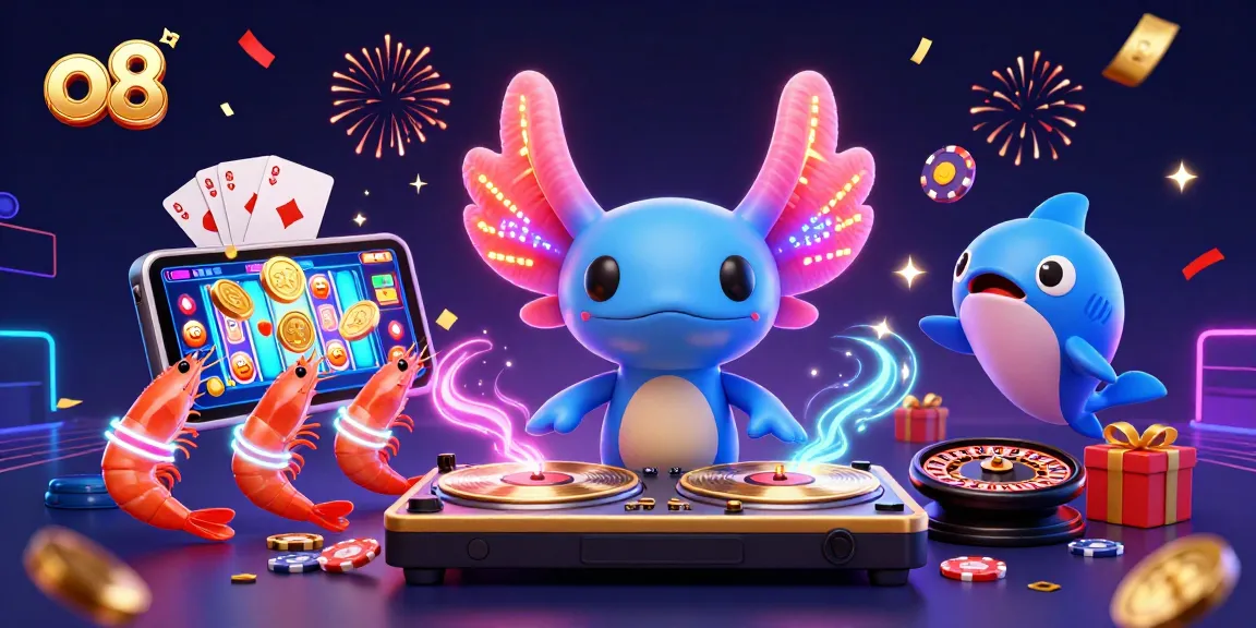 Win big at o8 with vibrant neon-themed 3D online casino celebration, featuring games and excitement.