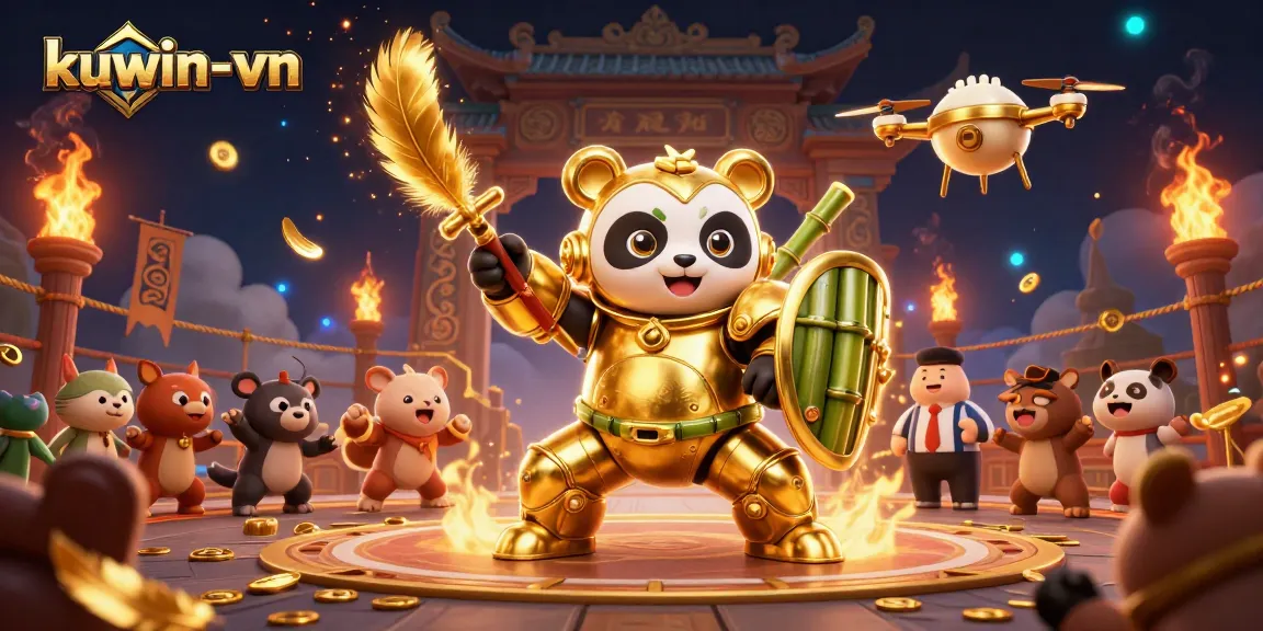 Engage with the dynamic world of kuwin-vn, showcasing an exhilarating mech-suit battle in a vibrant casino arena.