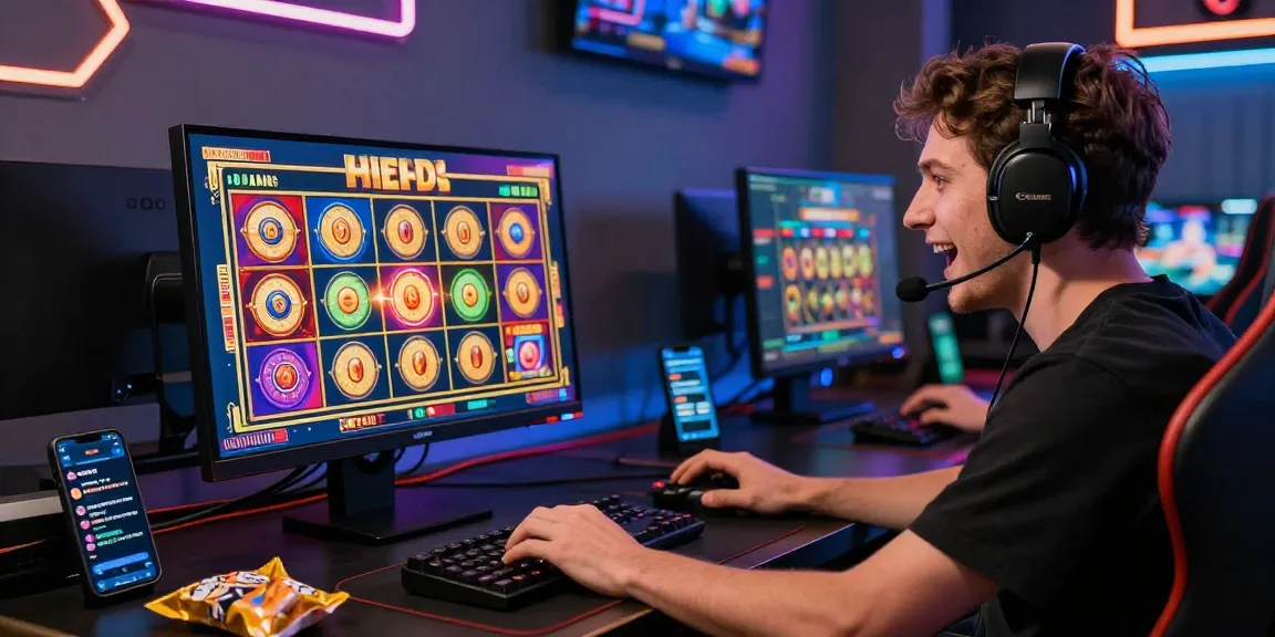 Player interacting with an exciting slot game on a stylish desktop setup, showcasing immersive online gambling.