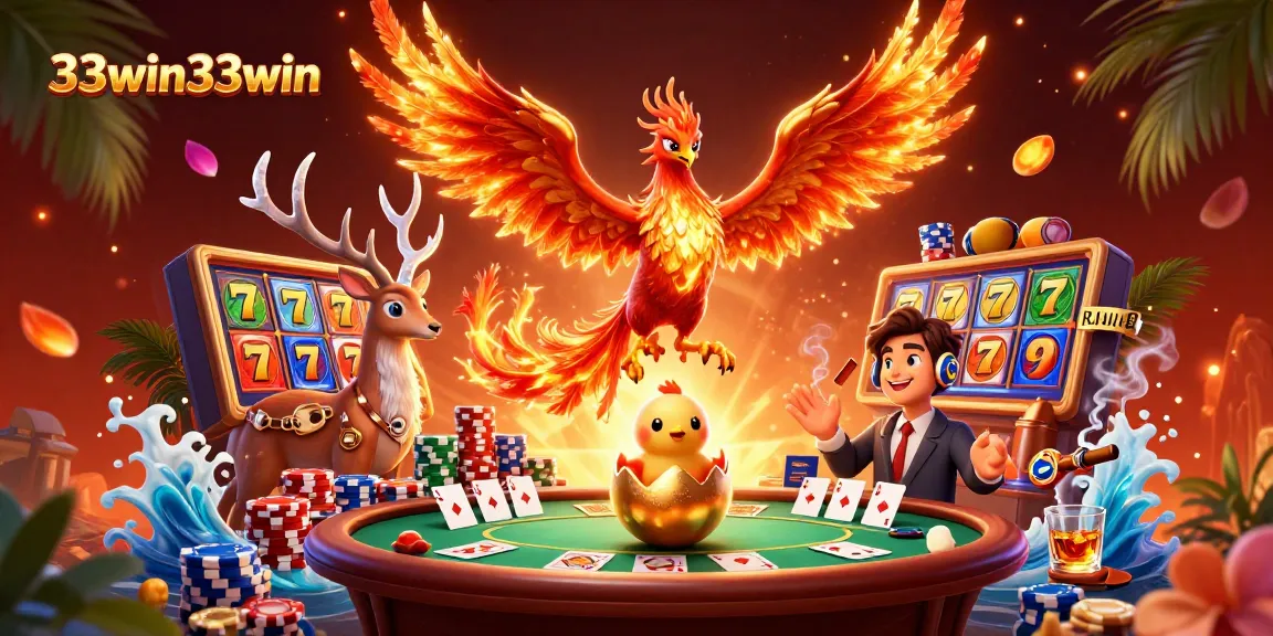 Engage with thrilling 33win33win action as a phoenix soars above vibrant slot machines and poker tables.