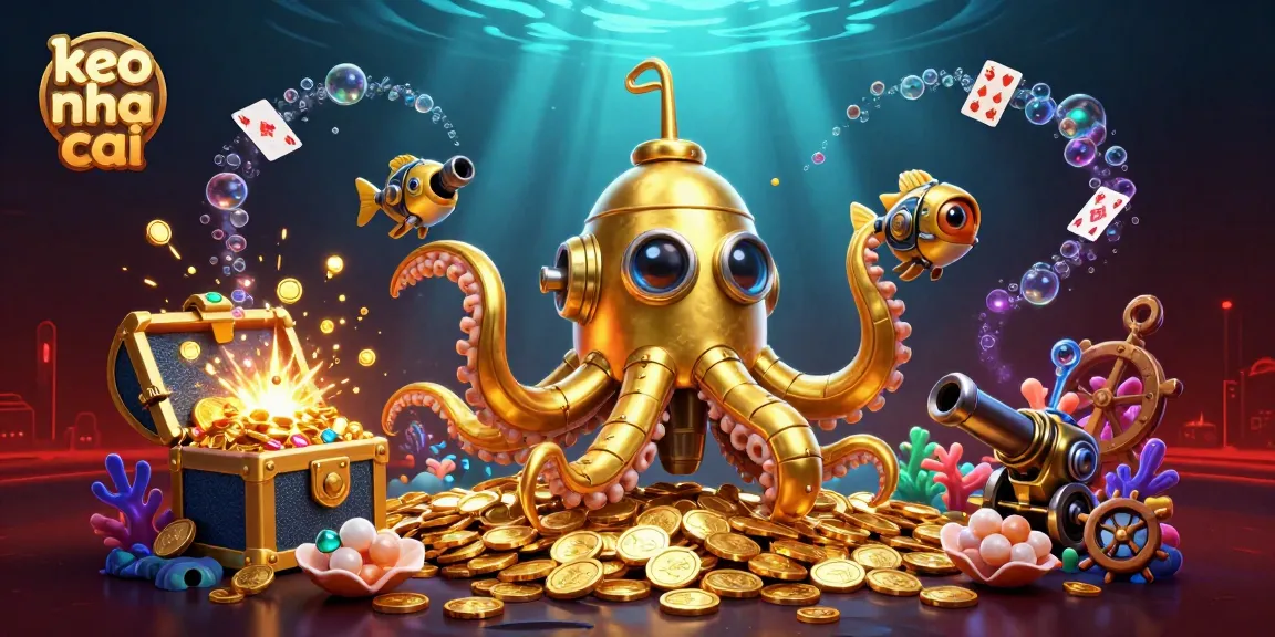Bet on keo nha cai with a dynamic underwater scene featuring golden kraken and mechanical fish.