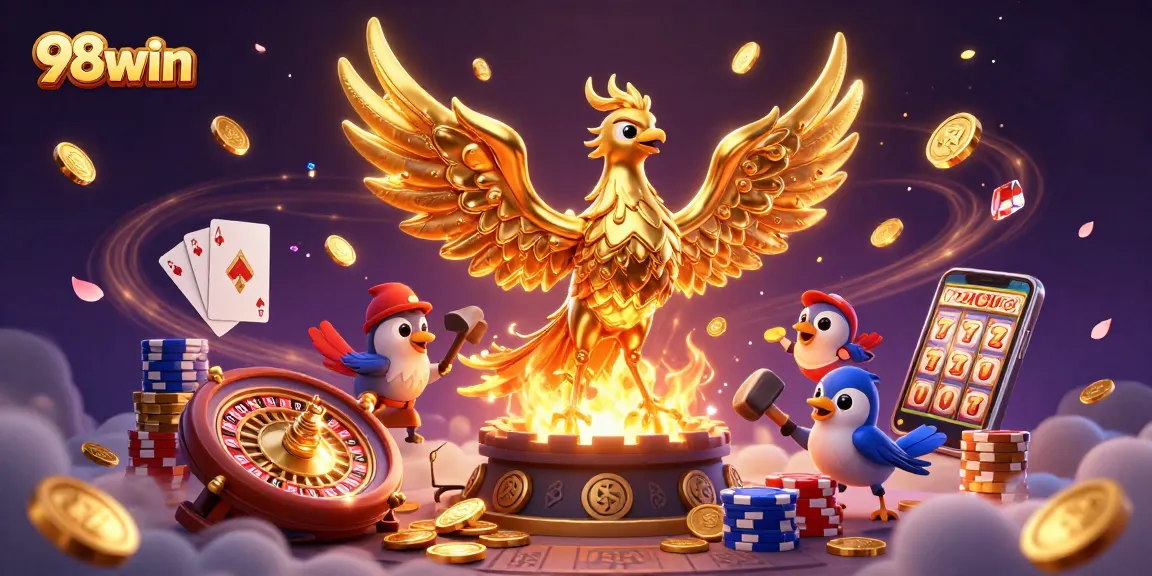 Experience thrilling gameplay at 98win with golden phoenix and casino elements.