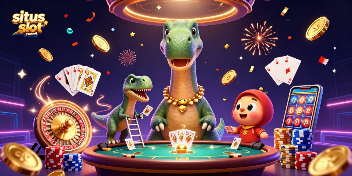 Experience excitement at situs slot resmi with a whimsical scene of a brontosaurus and clever raptor among golden coins and card games.