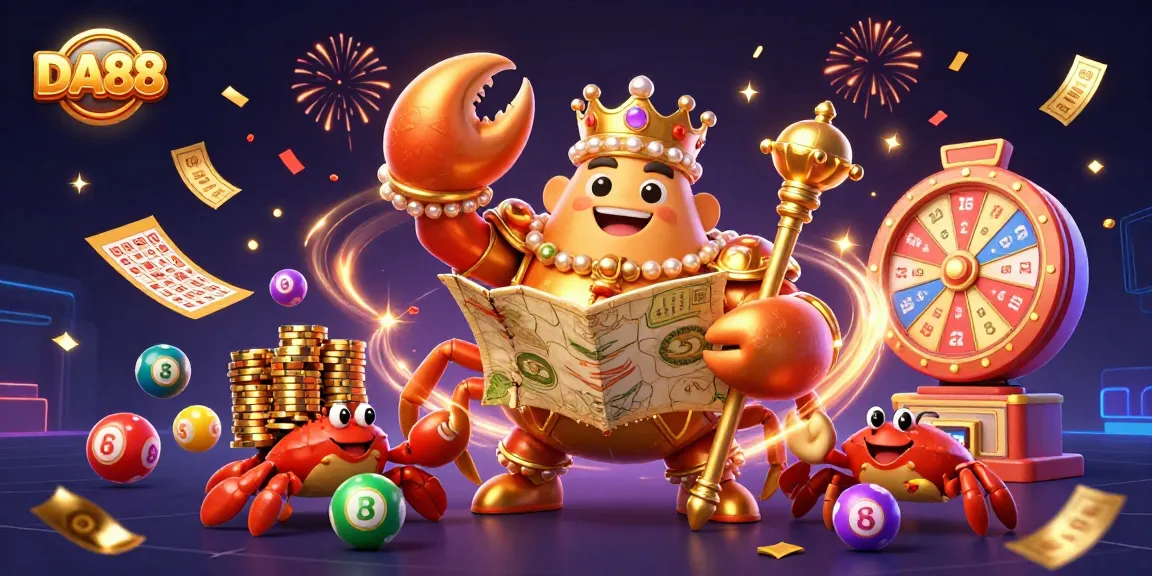 Engage with the DA88 casino magic featuring a golden crab emperor and vibrant gambling elements.