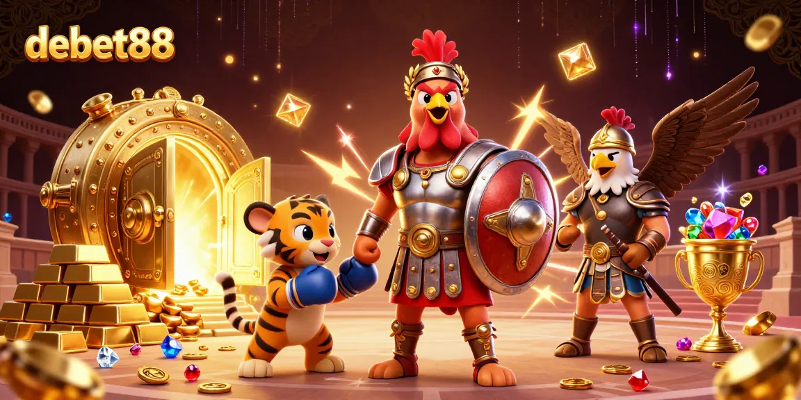 Experience the thrill of debet88 with a gladiator rooster in an immersive casino scene.