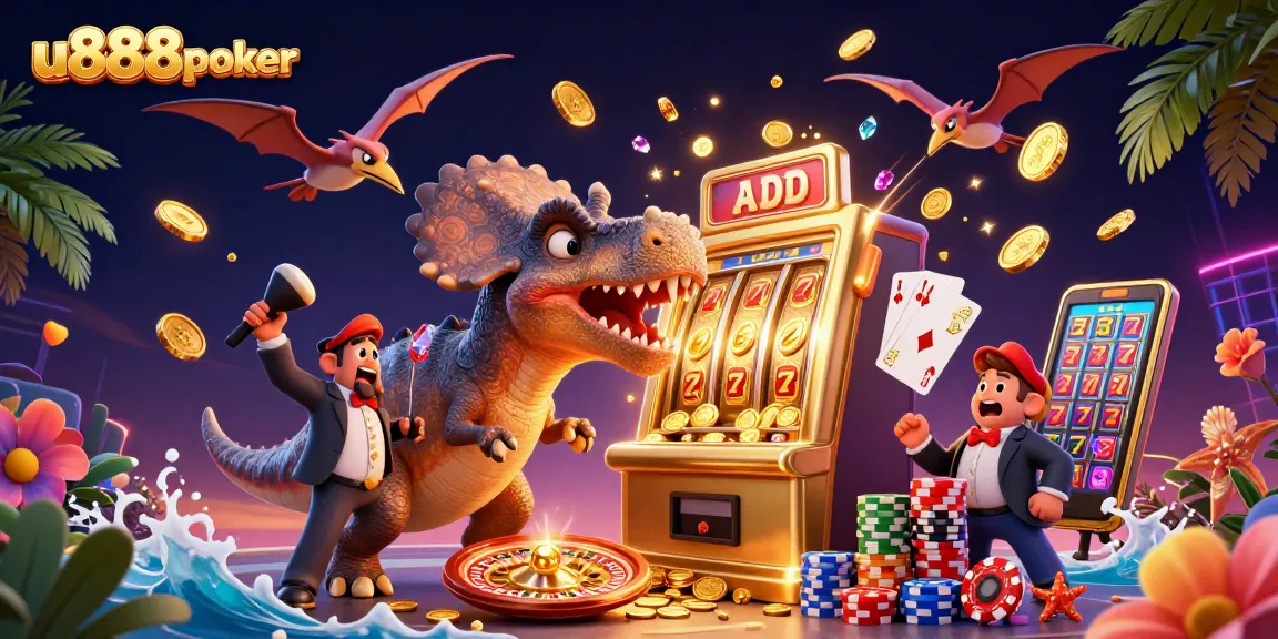 Experience excitement at u888poker with a dinosaur jackpot scene, rich casino elements flying around.
