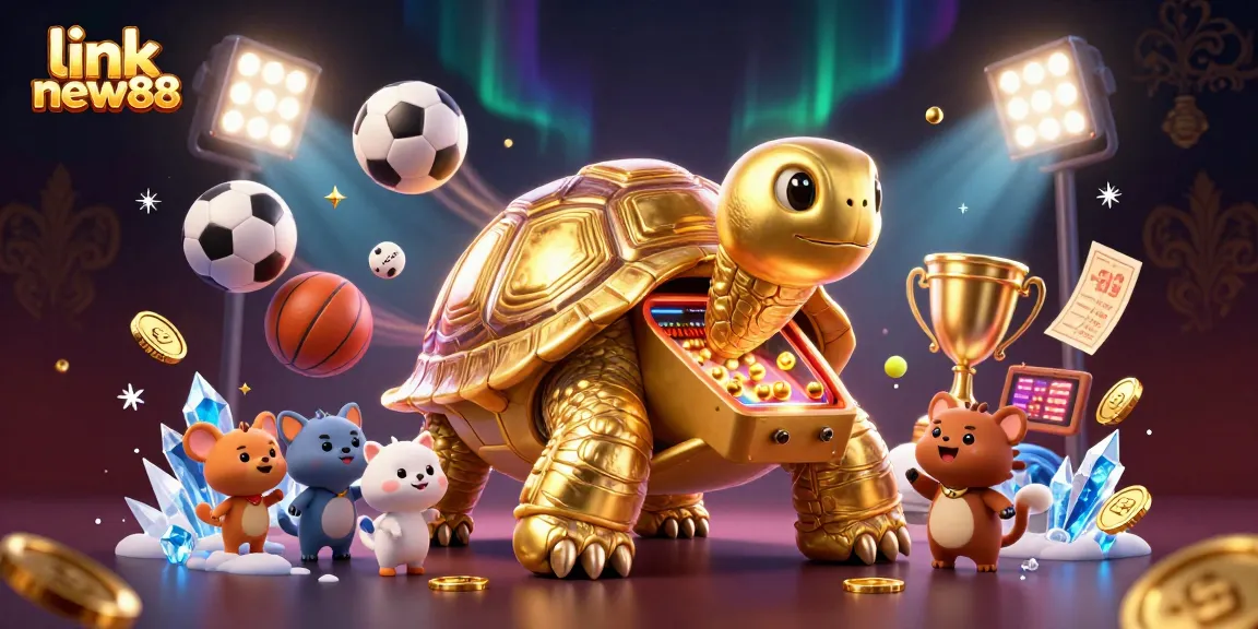 Experience fun with link new88 in this vibrant 3D illustration featuring a golden tortoise pinball machine!