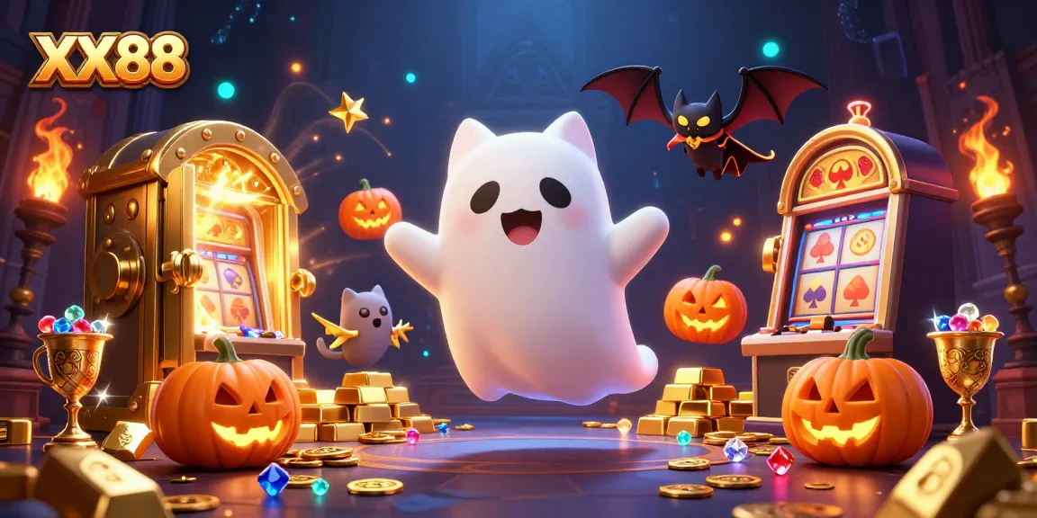 Experience the excitement of XX88 with a floating ghost cat in a haunted casino filled with treasures.