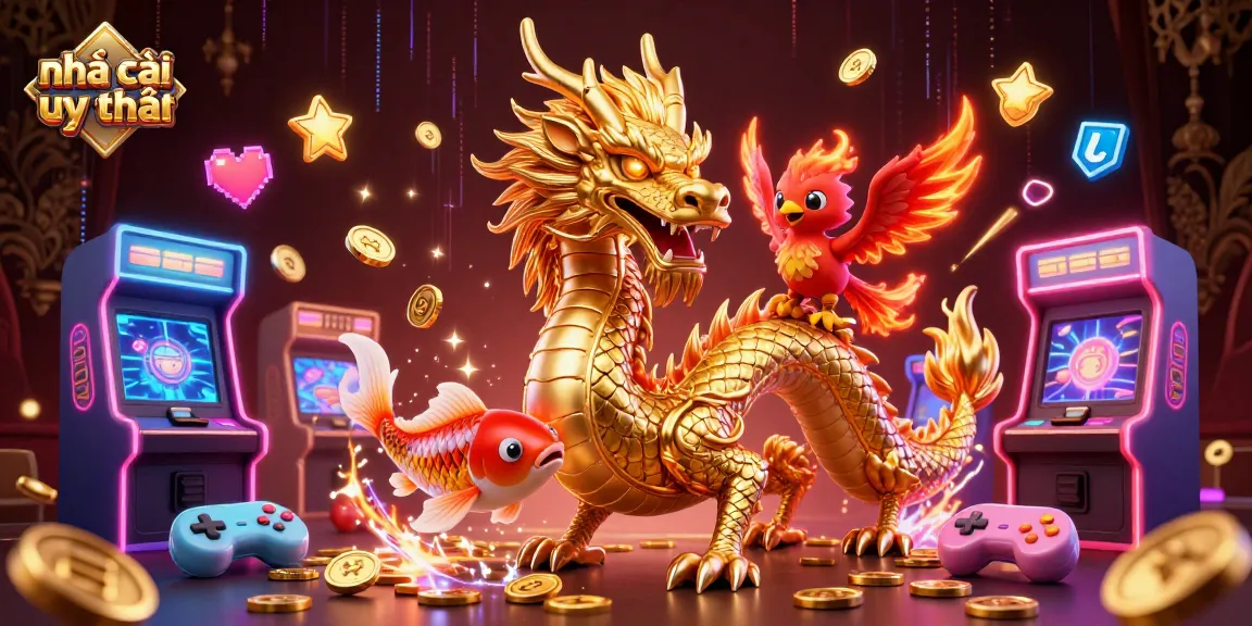 Experience exhilarating gaming at nhà cái uy tín with a powerful dragon, phoenix, and koi fish amidst coins and arcade elements.