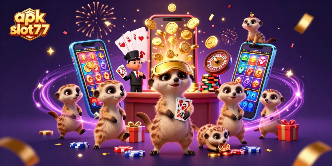 Experience the excitement of apk slot777 with this vibrant and dynamic casino scene featuring playful meerkats.