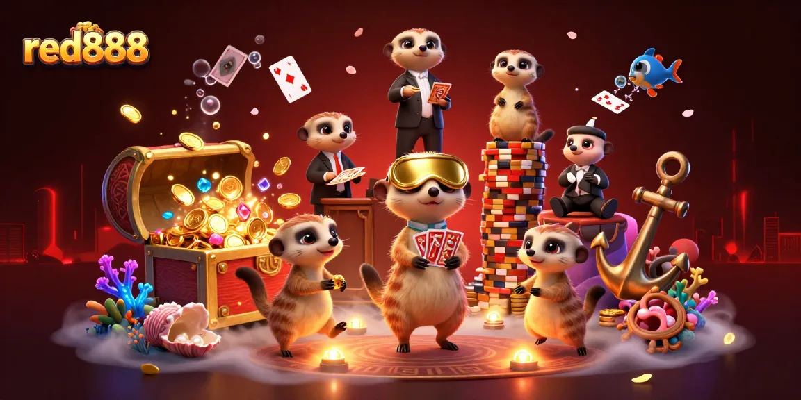 Red888 meerkats run an exciting casino, encapsulating vibrant gambling action and fun.