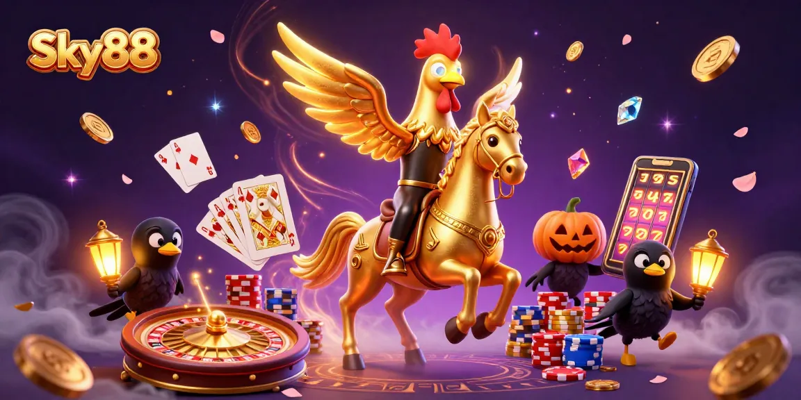 Sky88 brings high-energy gameplay with a golden rooster and dynamic casino elements.