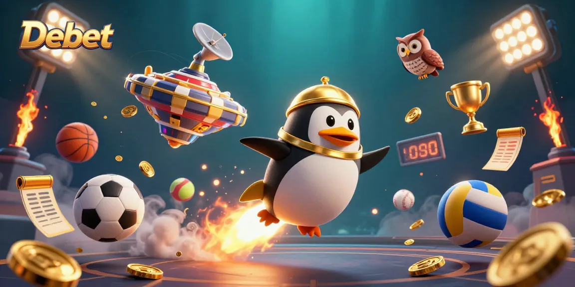 Engage with Debet's vibrant casino adventure featuring a golden penguin racing towards a poker chip station.